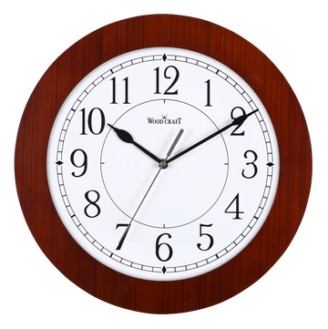 Round clock of brown colour which is 33.5 cm in diameter. Silent, light weight clock weighing 1 kg. 