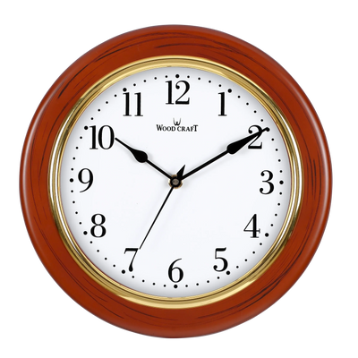 Small size round-shaped wooden wall clock of brown colour. Wooden frame has a golden ring around it