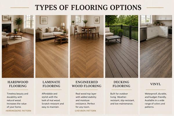 Various flooring options including hardwood, laminate, engineered wood, decking, and vinyl with detailed descriptions.