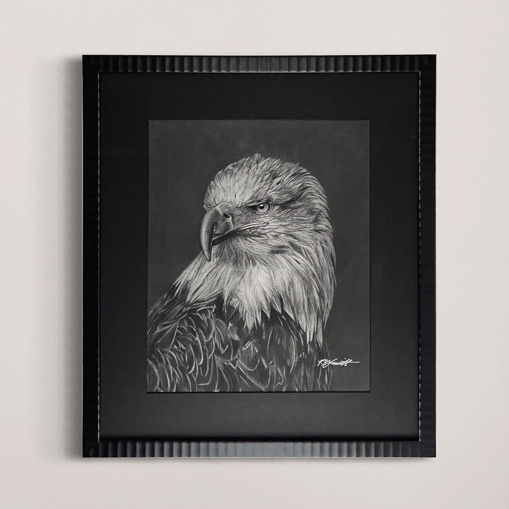 Black and white eagle portrait drawing in a black frame.