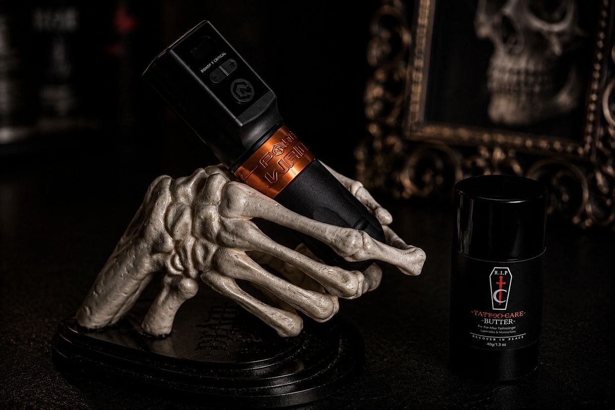 Tattoo machine held by a skeleton hand with tattoo care butter nearby.