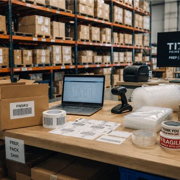 Warehouse packing station with labels, laptop, and shipping supplies.