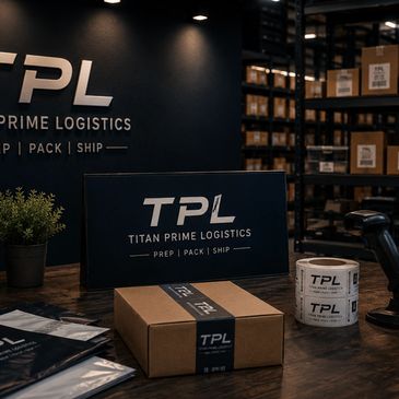 Packaging area showcasing Titan Prime Logistics branding and shipping materials.