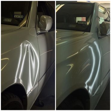 Before and after paintless dent repair on fender in McKinney TX