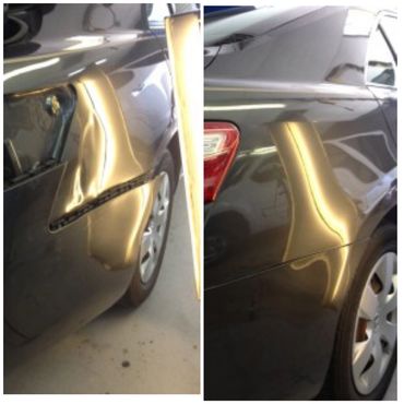 Before and after paintless dent repair on quarter panel in Frisco TX