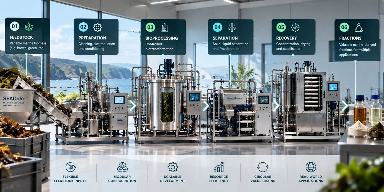 Marine biomass processing line with six key stages illustrated.