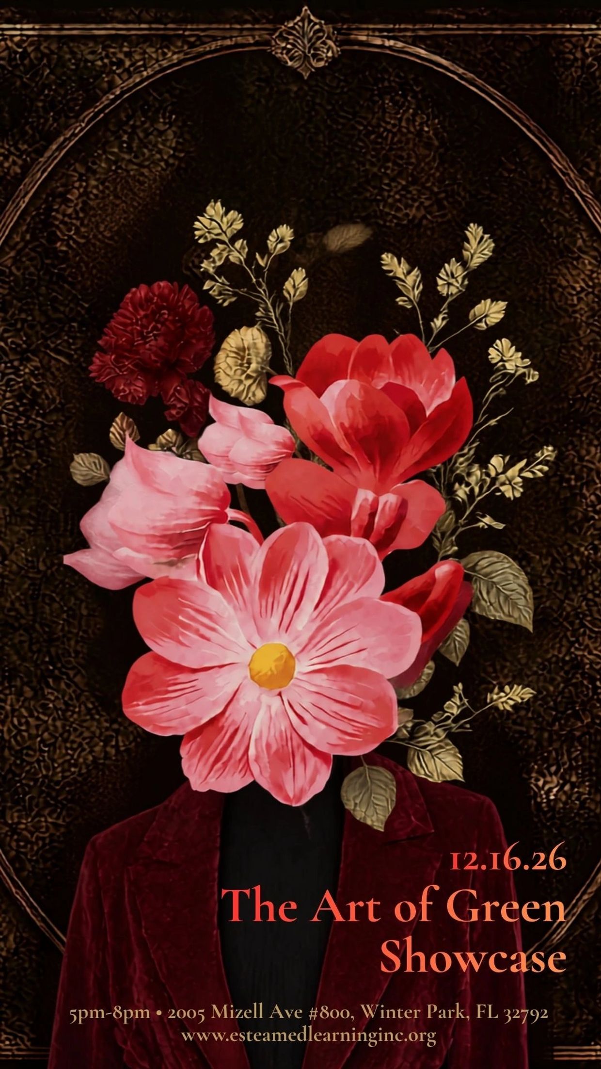 Floral art showcasing "The Art of Green Showcase" event details.