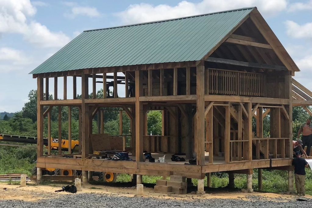A Timberframe cabin under construction.