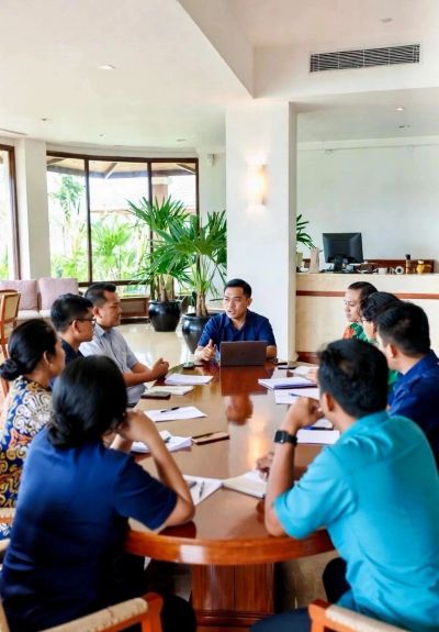 Team meeting around a large wooden table in an office.