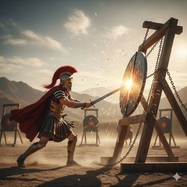 Ancient warrior striking a target with a sword, sparks flying.