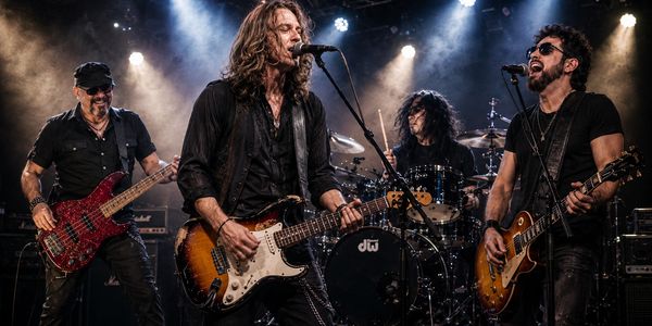 The Erick Tyler Project performing live rock on stage with guitars, drums and lead vocals.