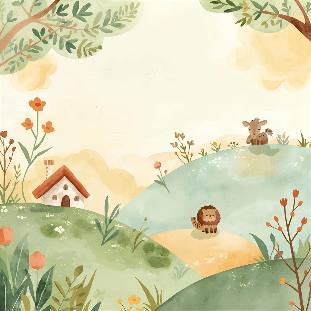 Whimsical landscape with a small house and cute animals on rolling hills.