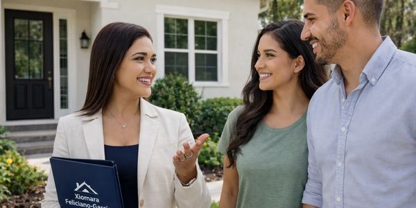 Real estate agent discussing with a couple outside a house.