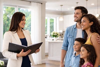 Real estate agent showing a house to a happy family.