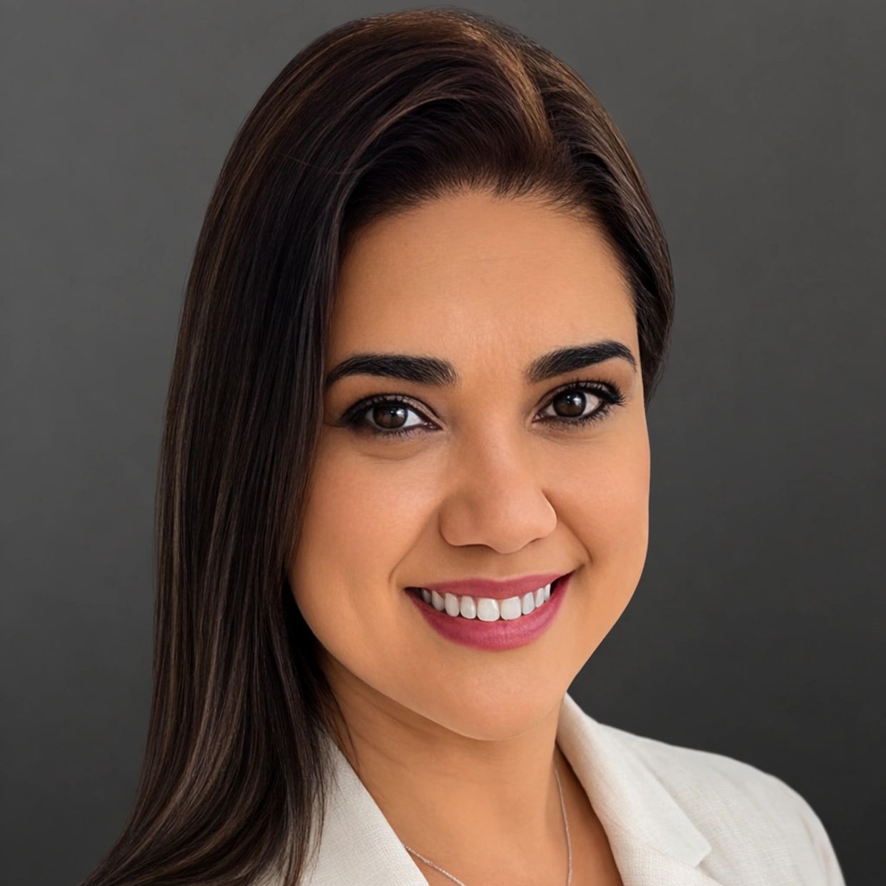 Professional headshot of a smiling woman with dark hair and a light blazer.