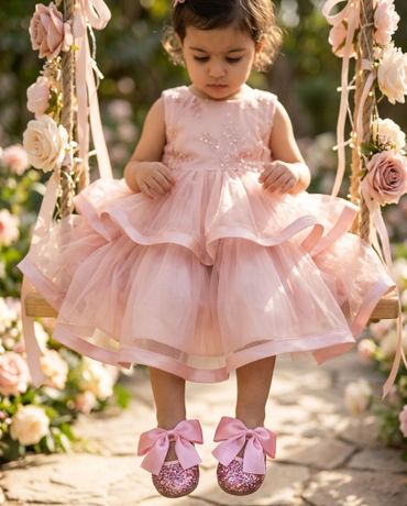 A little girl in a pink dress and glittery shoes sitting on a floral swing.