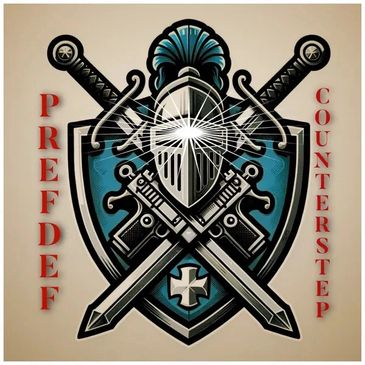 Knight's helmet with crossed swords and pistols on a shield, labeled PREFDEF COUNTERSTEP.