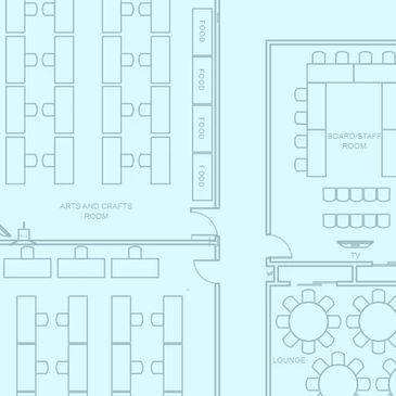 Floor plan showing arts and crafts rooms, board/staff room, lounge, and food and beverage areas.