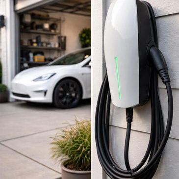 Electric car charging station mounted on a house wall with a white electric car in the background.
