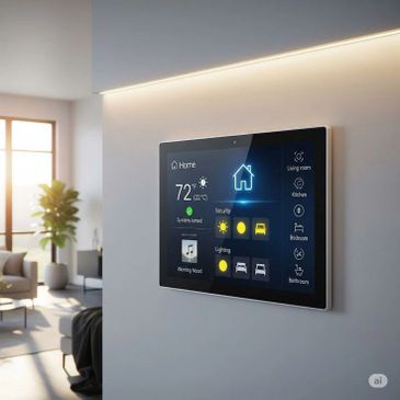 Smart home control panel displaying temperature and room settings.