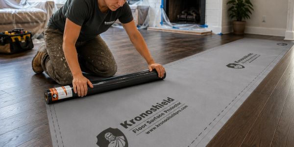 Worker unrolling Kronoshield floor protection on hardwood floor during renovation.