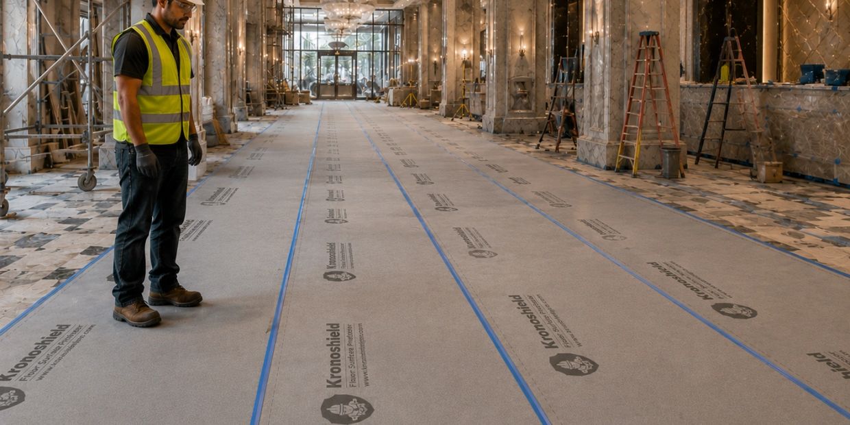 Worker in safety vest inspecting floor protection in a large, ornate room under renovation.