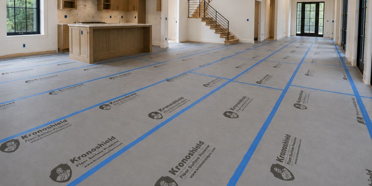 New home under construction with protective floor covering and wooden kitchen island.