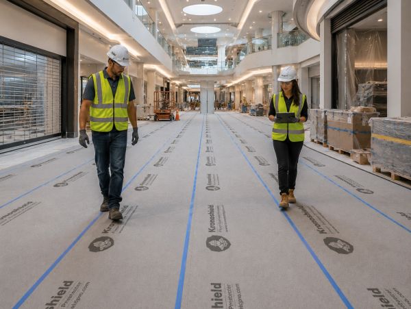 Two construction workers inspect a large indoor site under development.