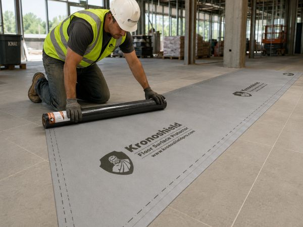 Worker unrolling Kronoshield floor protection sheet on construction site.