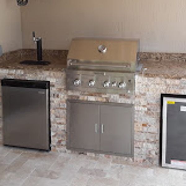 32 inches BBQ grill, keg, refrigerator