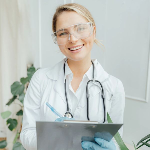 a doctor with safety glasses and gloves writing on a paper