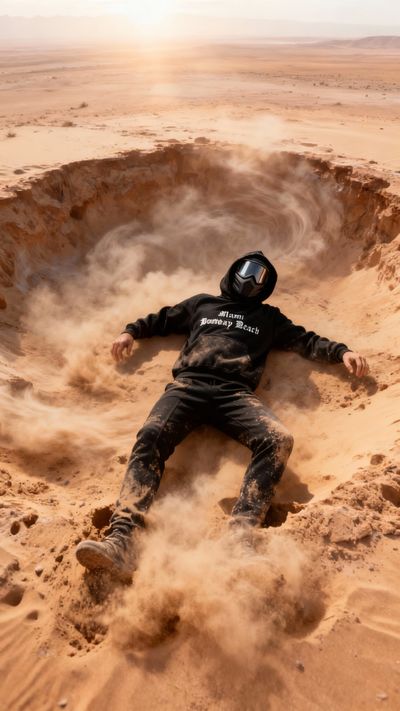 Person in helmet lying in sand crater raising dust.