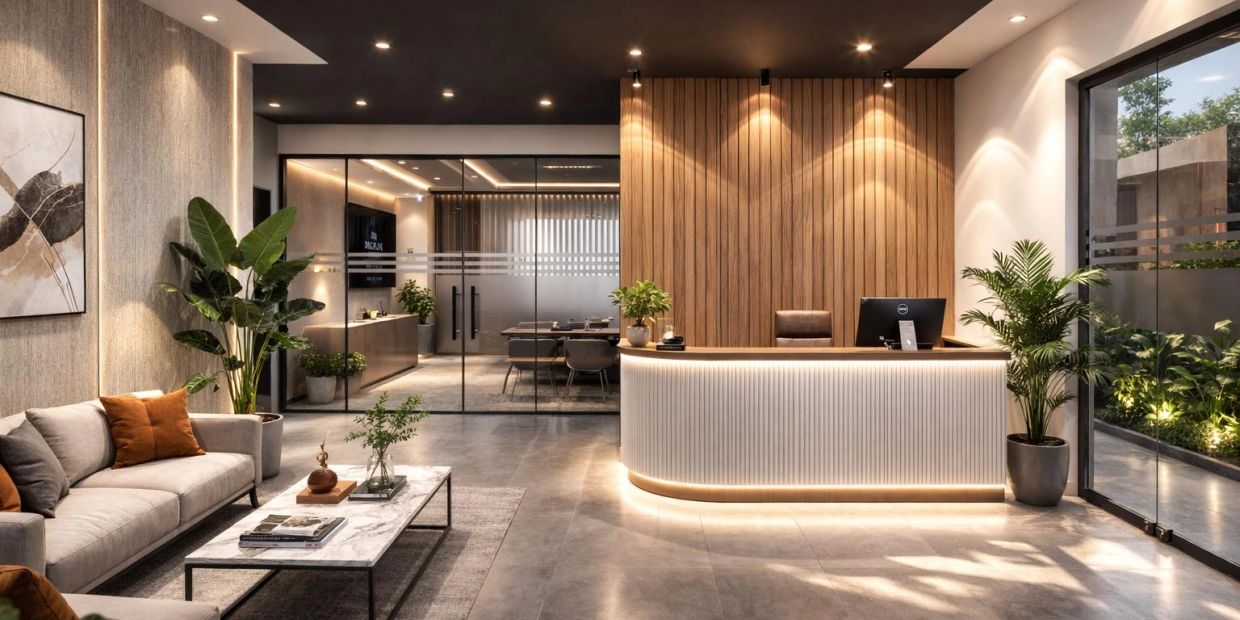 Modern office reception area with wooden accents and plants.