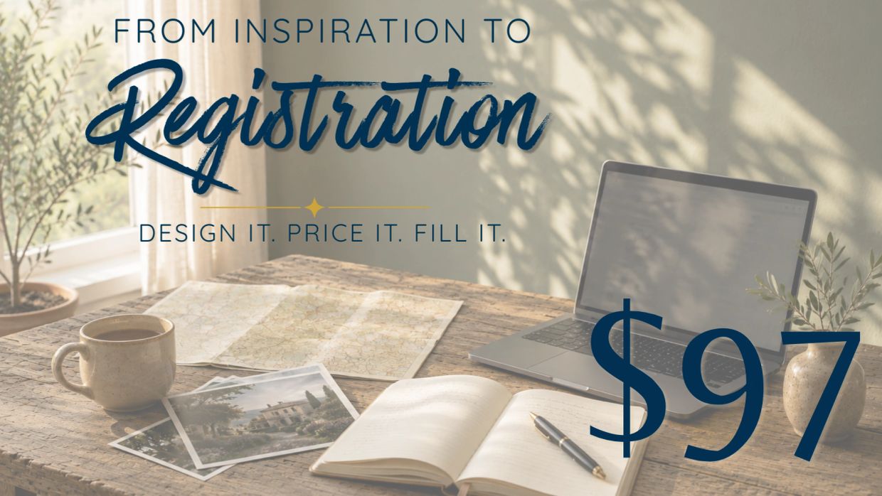 Workspace with coffee, photos, open notebook, and laptop promoting registration for $97.