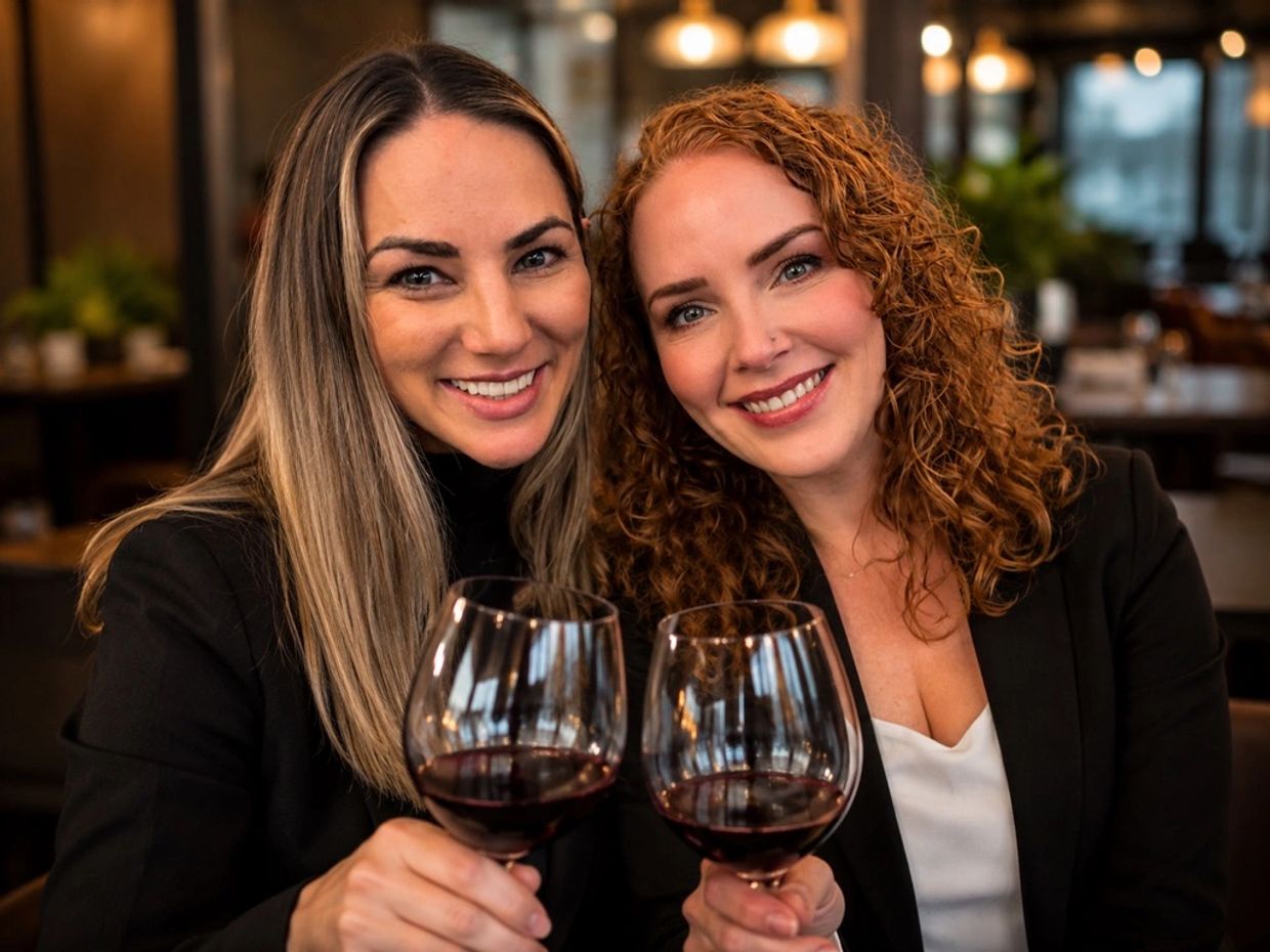 Two women cheerfully toasting with red wine.