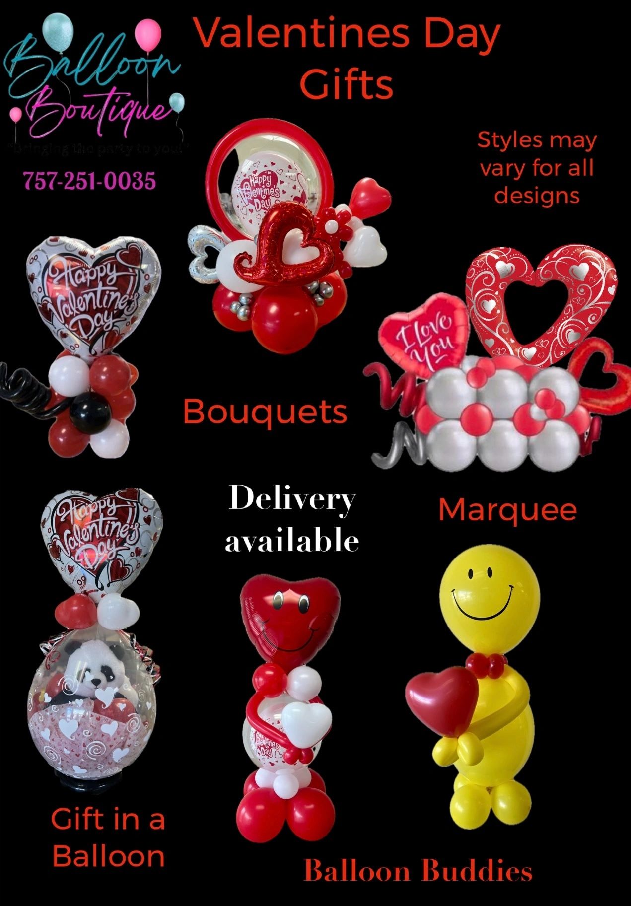 Valentine's Day balloon gifts and bouquets with delivery available.