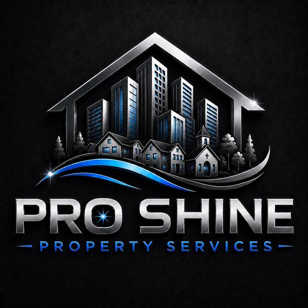 Sleek logo of Pro Shine Property Services with buildings inside a house outline.