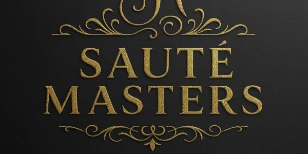 Elegant gold text reading 'Sauté Masters' with decorative flourishes on a black background.