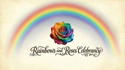 Rainbow and multicolored rose with celebratory text.