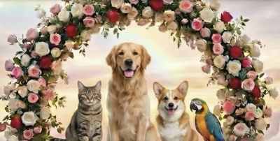 A cat, two dogs, and a parrot under a floral arch.