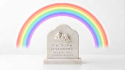 Baby memorial stone with rainbow illustration.
