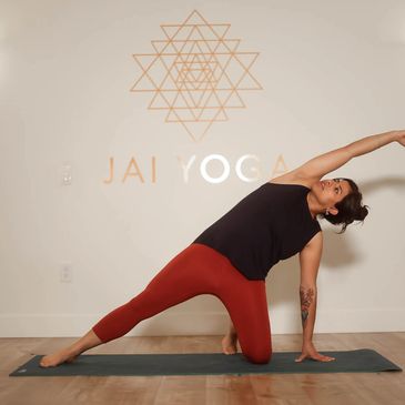 Sahej in modified gate pose at one of the yoga studio she works at 