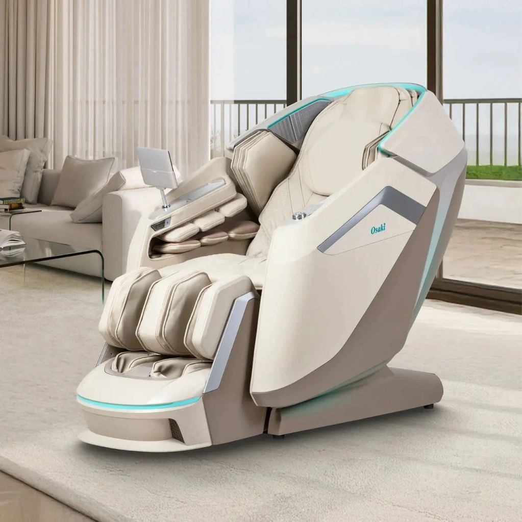Modern beige Osaki massage chair in a living room.