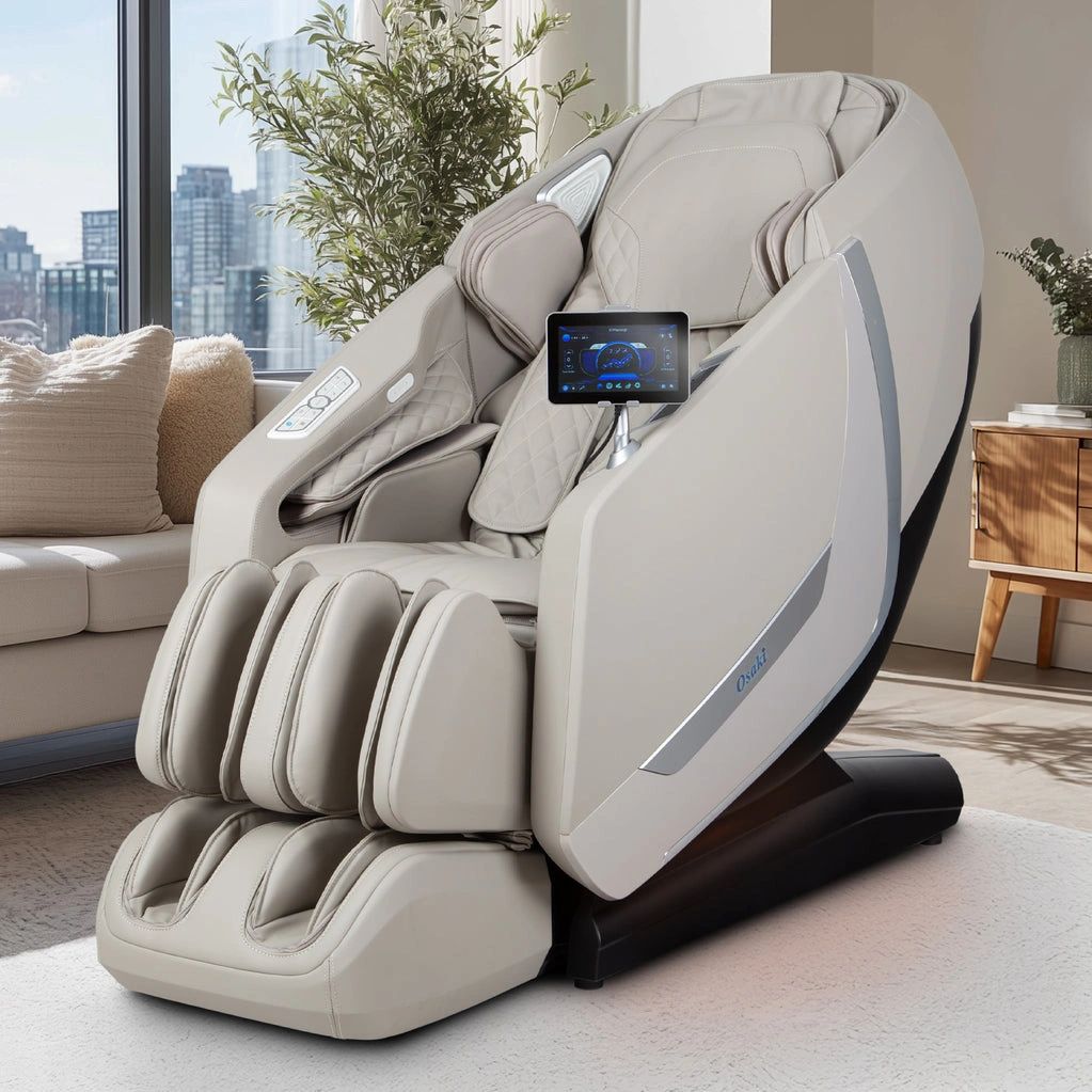 Modern beige massage chair with control screen in a cozy living room.