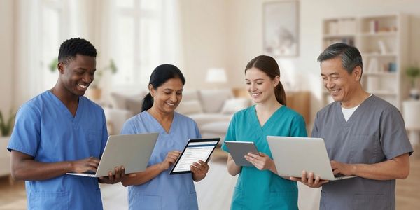 Four healthcare professionals using laptops and tablets, smiling and collaborating.