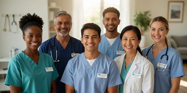 A diverse group of six smiling healthcare professionals posing together.