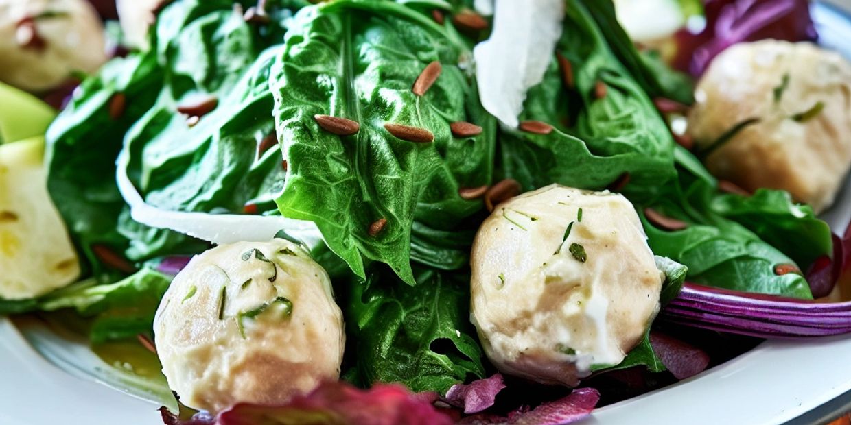 Salada de folhas verdes com cebola roxa e bolinhas de queijo de cabra Boursin