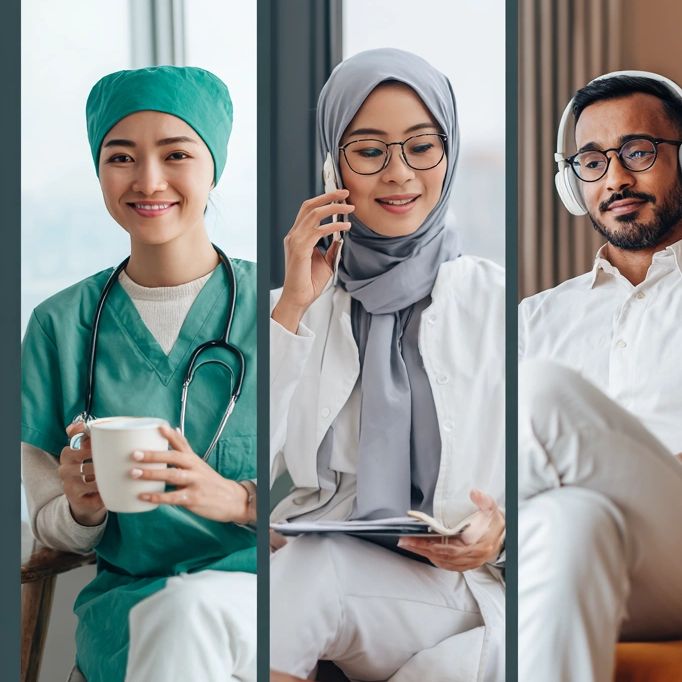 Three professionals: a smiling nurse with a coffee, a doctor on a call, and a man listening with headphones.