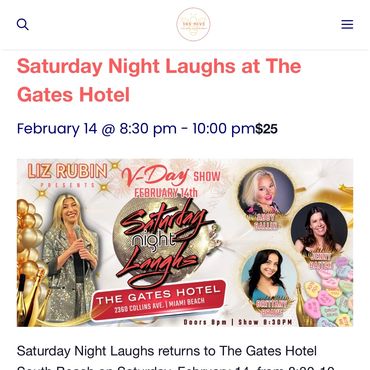 Comedy show Saturday Night Laughs at The Gates Hotel on February 14, featuring Liz Rubin and others.