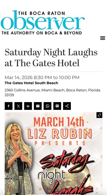 Comedy night event "Saturday Night Laughs" at The Gates Hotel on March 14th, 2026, hosted by Liz Rubin.